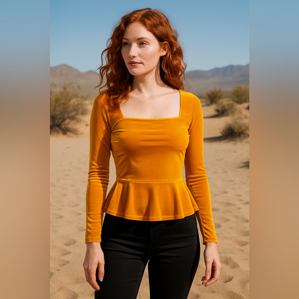 Leith Mustard Velvet Peplum Top | Square Neck Long Sleeve (Size L)